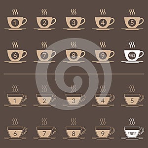 Coffee loyalty card concept with coffee cup icons. Buy 9 cups and get 1 for free. Cafe beverage promotion design template. Vector